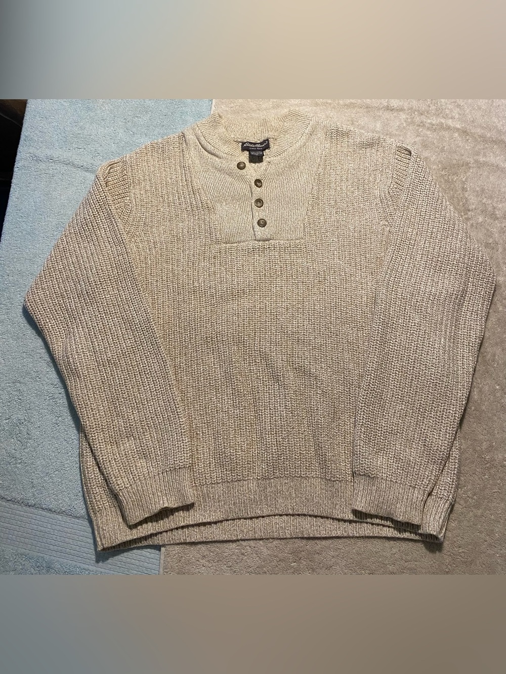 Eddie Bauer Vintage Cotton Knit Henley Sweater M Tan Beige Outdoor Gorpcore Gran